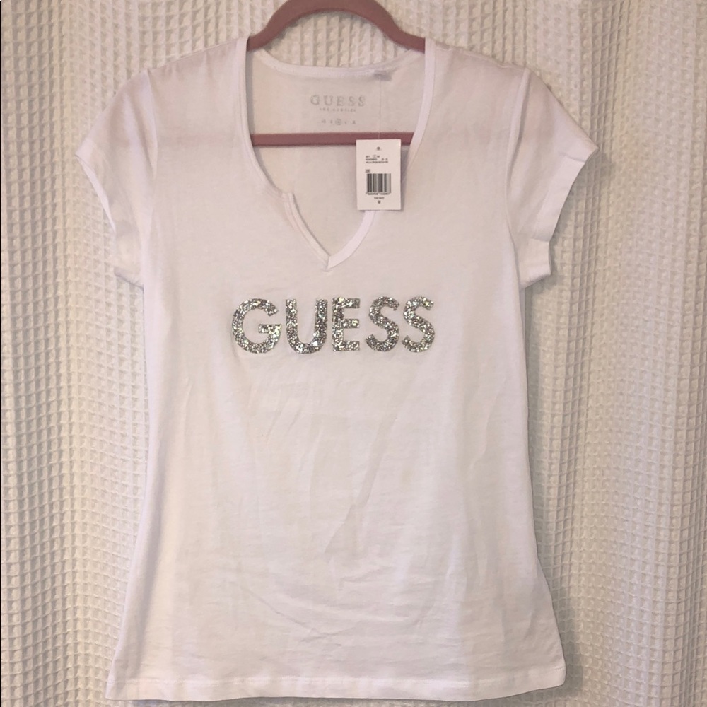 GUESS Los Angeles Women’s White Short Sleeve Shirt “GUESS” in Silver Sparkles M